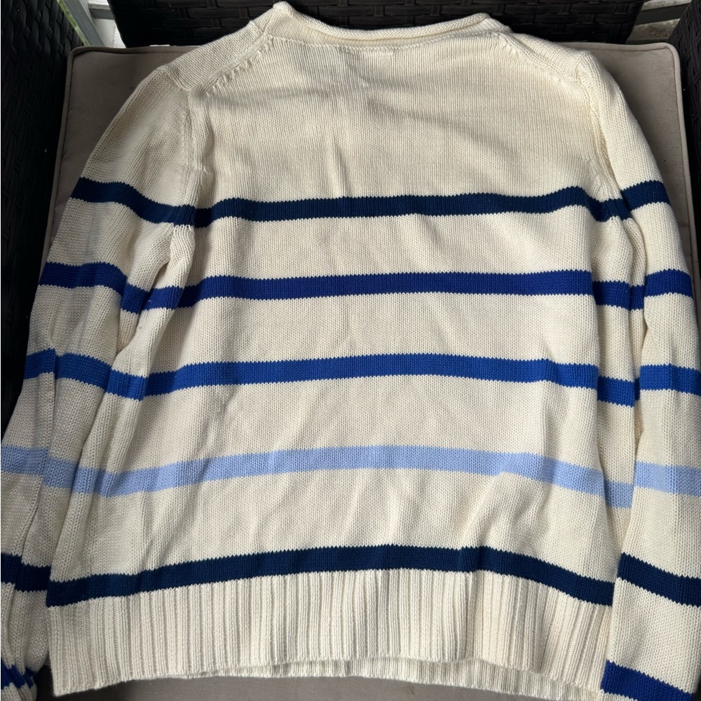 GAP Men's Cream and Blue Striped Crewneck Sweater